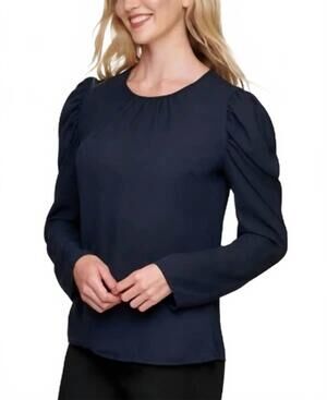 NEW DKNY women's pleated sheer puff-shoulder long sleeve blouse in navy